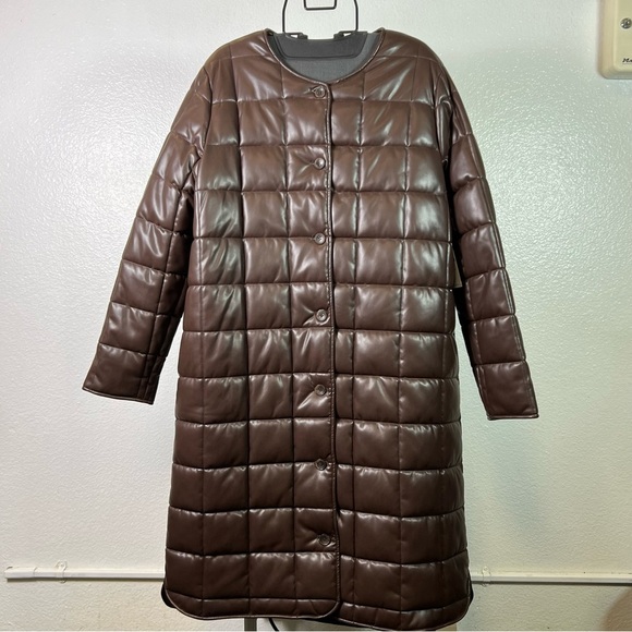 Calvin Klein Longline Faux Leather Brown Puffer Jacket Size L - Picture 1 of 12